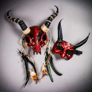 Bloody Red Pagan Skull Masquerade & Demon Devil Horn Couple Mask Set